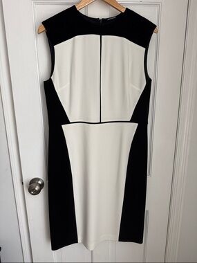 Elie Tahari Black and White Colorblock Midi Dress